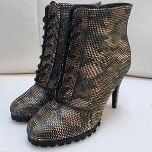 GLAM CAMO Crystal Studded Lug Sole Combat Stiletto Heel Boots - Size 10 LIKE NEW